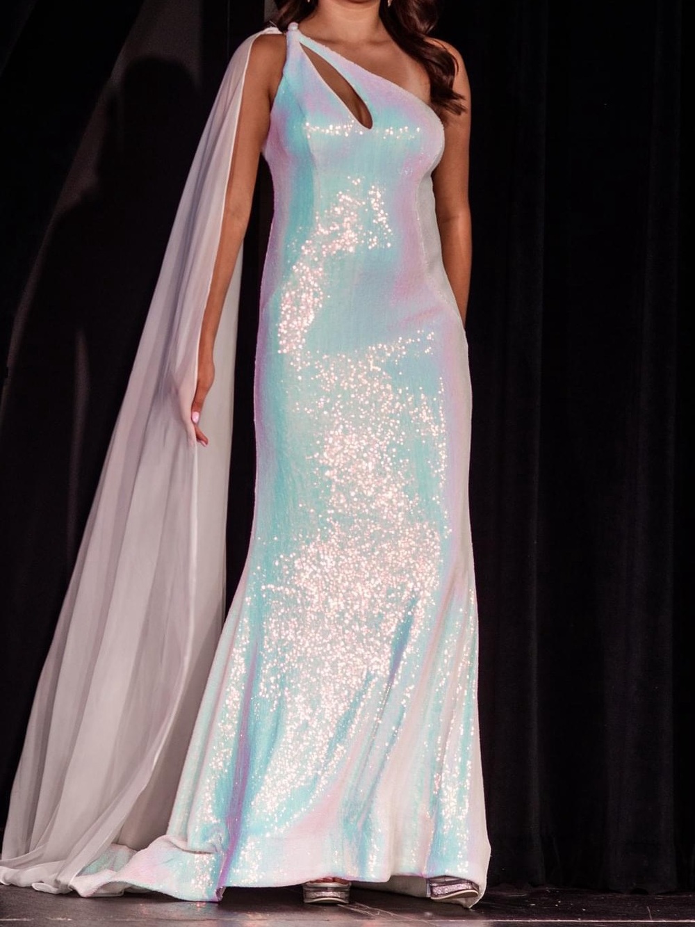 Iridescent Sequin One-Shoulder Jovani Pageant Evening Gown- White